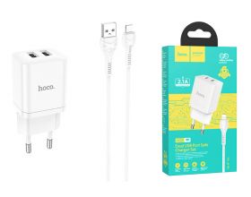 Сетевое зарядное устройство 2USB + кабель Lightning HOCO N25 Marker 2400mAh (белый)