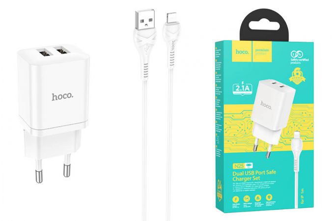 Сетевое зарядное устройство 2USB + кабель Lightning HOCO N25 Marker 2400mAh (белый)