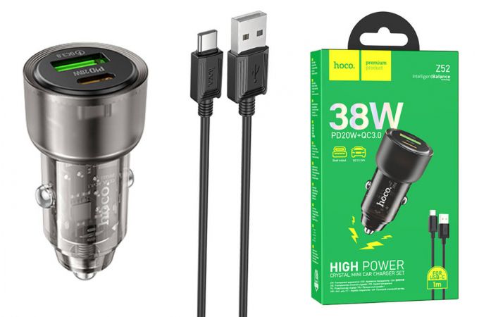 Автомобильное зарядное устройство АЗУ USB + Type-C + кабель Type-C HOCO Z52 Blue PD38W + QC3.0 (черный прозрачный)