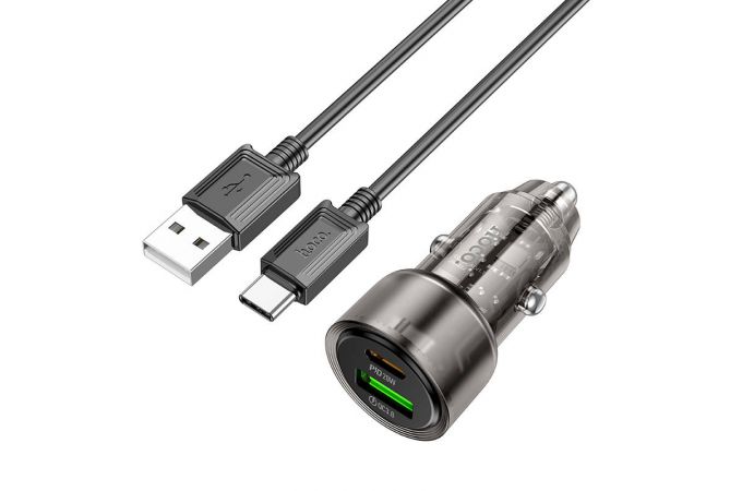 Автомобильное зарядное устройство АЗУ USB + Type-C + кабель Type-C HOCO Z52 Blue PD38W + QC3.0 (черный прозрачный)