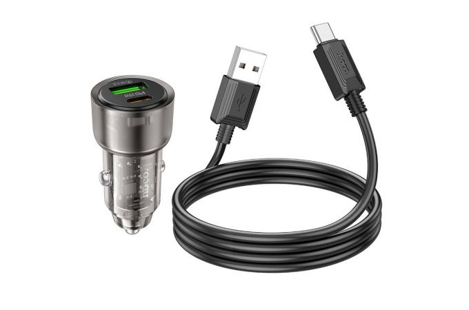 Автомобильное зарядное устройство АЗУ USB + Type-C + кабель Type-C HOCO Z52 Blue PD38W + QC3.0 (черный прозрачный)