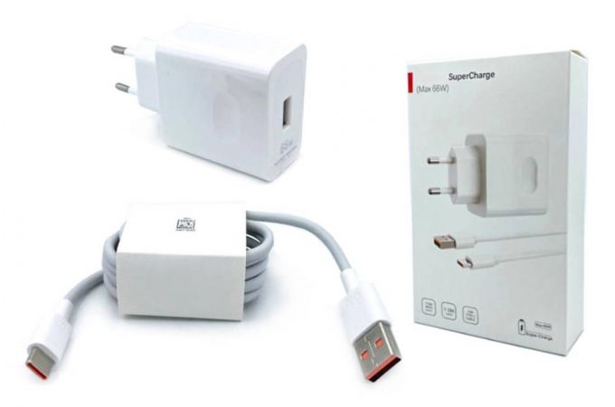 Сетевое зарядное устройство USB Huawei SuperCharge  прямоугольник + кабель (or.) 66W (белый)