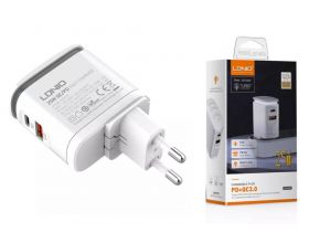 Сетевое зарядное устройство 2USB + кабель MicroUSB LDNIO LED свет PD+QC 3.0 Выход: 3.3-12V, max 25W 2400mAh (белый) (У)