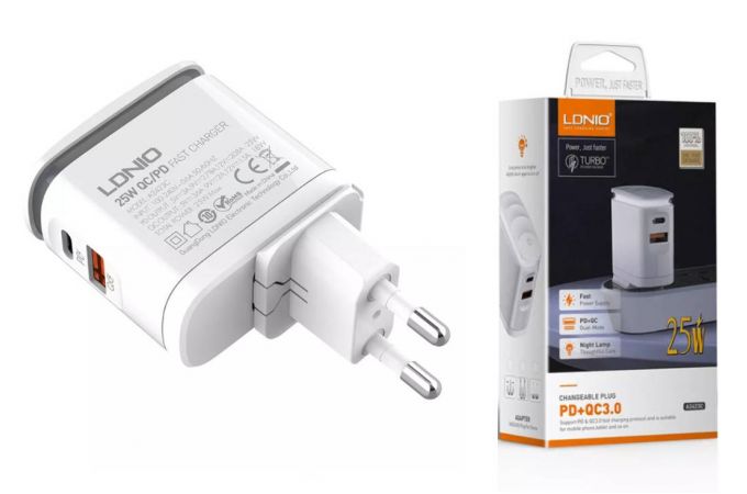 Сетевое зарядное устройство 2USB + кабель MicroUSB LDNIO LED свет PD+QC 3.0 Выход: 3.3-12V, max 25W 2400mAh (белый) (У)