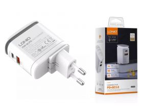 Сетевое зарядное устройство USB + USB-C + кабель Type-C LDNIO LED свет PD/ PD+QC 3.0/ Выход: 3.3-12V, max 25W (белый)
