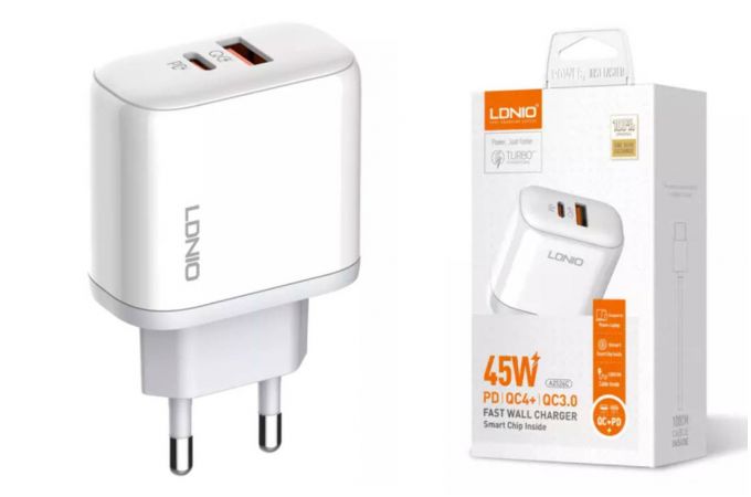 Сетевое зарядное устройство 2USB + кабель MicroUSB LDNIO PD+PPS+SCP+QC 4+ Выход: 3.3-20V, max 45W (белый)