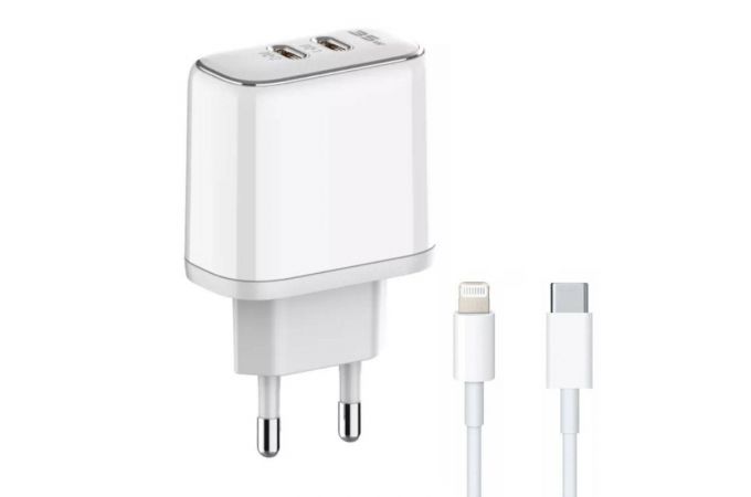 Сетевое зарядное устройство 2USB + Type-C LDNIO A2528M/ MFI + Кабель Lightning MFI PD-L/ Выход 35W/ (белый) (У)