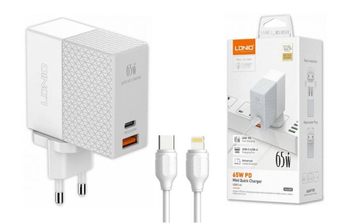 Сетевое зарядное устройство USB + USB-C +  кабель Type-C LDNIO A2620C PD/PD + QC 3.0 Выход: 3.3-20V, max 65W (белый)