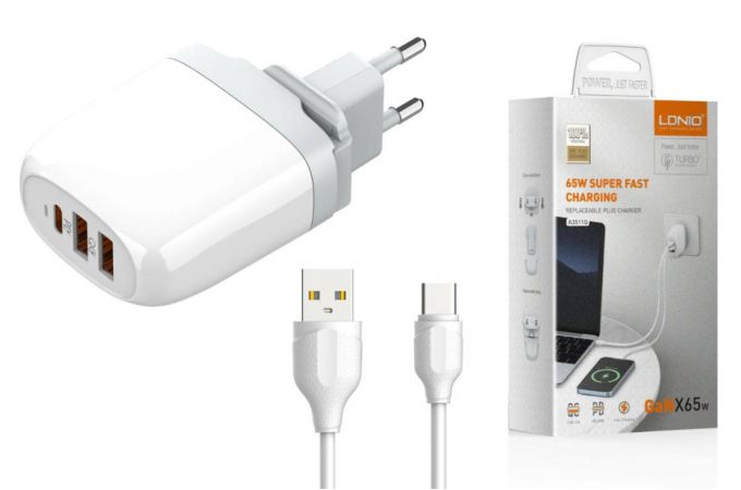 Сетевое зарядное устройство 3USB + кабель Type-C LDNIO GaN A3511Q PD+PPS+SCP+QC 4+ Выход: 3.3-20V, max 65W (белый)