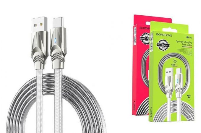 Кабель USB - USB Type-C BOROFONE BU12, 3A (серый) 1,2м (двойная оплетка, LED индикатор)