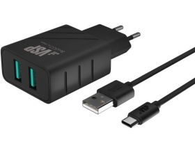 Сетевое зарядное устройство 2USB + кабель Type-C BoraSCO (37264) 2.4A (черный)