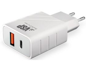Сетевое зарядное устройство USB BoraSCO (38254) USB+USB-C, PD+QC 3.0, 18W (белый)