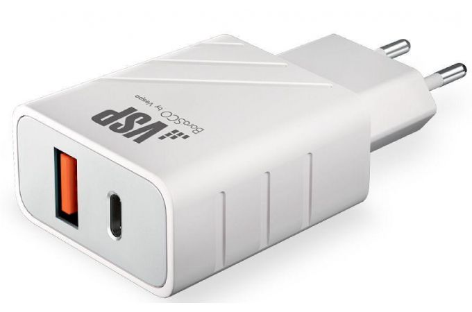 Сетевое зарядное устройство USB BoraSCO (38254) USB+USB-C, PD+QC 3.0, 18W (белый)