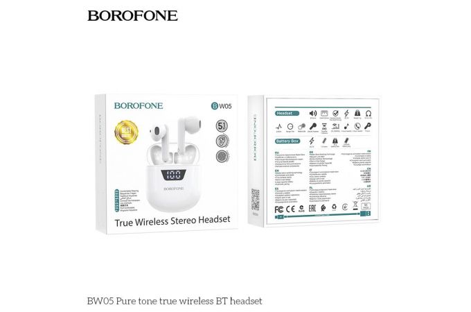 Наушники вакуумные беспроводные BOROFONE BW05 Pure tone true Wireless Earphone Bluetooth (белый)