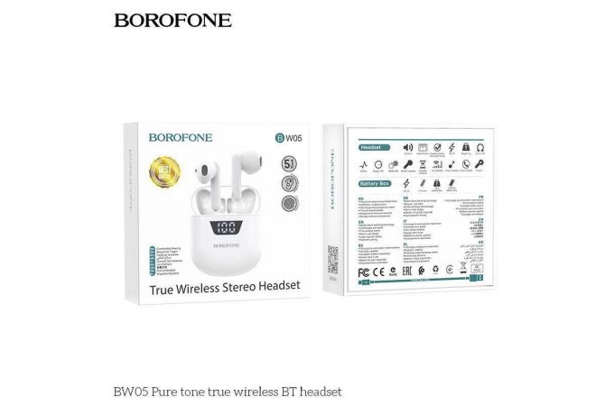 Наушники вакуумные беспроводные BOROFONE BW05 Pure tone true Wireless Earphone Bluetooth (белый)