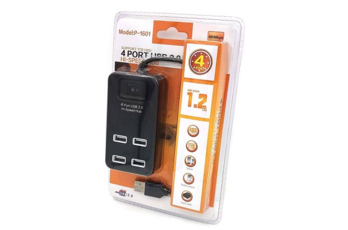 Разветвитель USB HUB 2.0 NN-HB001 на 4 порта с кнопкой включения (черный)