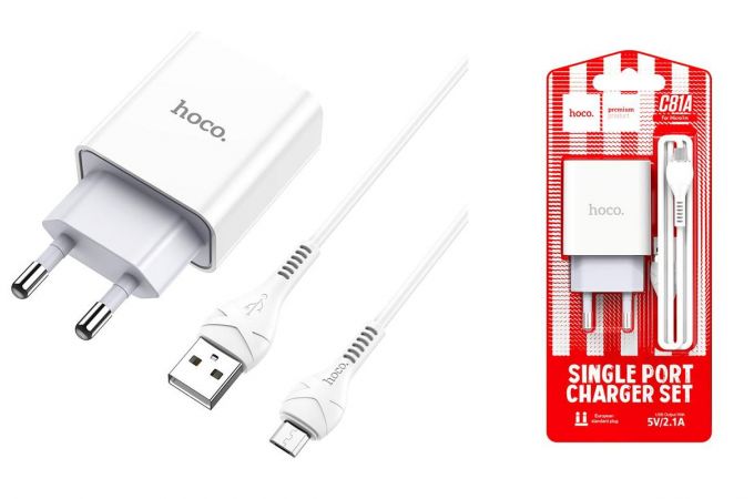 Сетевое зарядное устройство USB + кабель MicroUSB HOCO C81A Asombroco 2100mAh (белый)