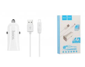 Автомобильное зарядное устройство АЗУ 2USB + кабель MicroUSB HOCO Z12 2400 mAh (белый)