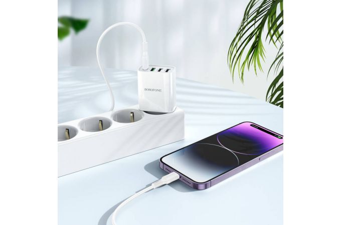 Сетевое зарядное устройство 3USB + USB-C + кабель Lightning BOROFONE BA79A PD20W (белый)