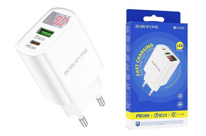 Сетевое зарядное устройство USB + USB-C BOROFONE BA78A PD20W + QC 3.0 (белый)