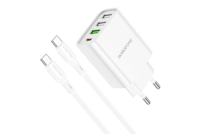 Сетевое зарядное устройство 3USB + USB-C + кабель Type-C-Type-C BOROFONE BA79A Clever PD20W + QC3.0 (белый)