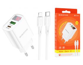 Сетевое зарядное устройство USB + USB-C + кабель Lightning - Type-C BOROFONE BA78A Golden charger PD20W+QC3.0 (белый)