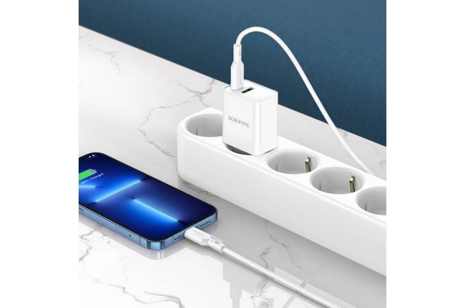 Сетевое зарядное устройство USB + USB-C + кабель Lightning - Type-C BOROFONE BA69A Resource charger PD20W+QC3.0 (белый)