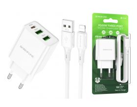 Сетевое зарядное устройство 2USB + USB-C + кабель Lightning BOROFONE BA70A Resource charger PD20W+QC3.0 (белый)