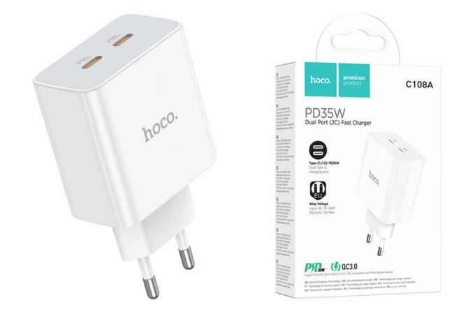 Сетевое зарядное устройство 2USB-C HOCO C108A PD 35W (белый)