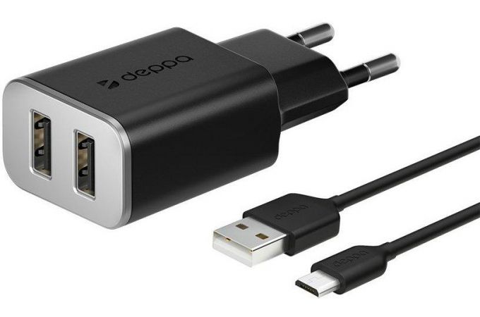 Сетевое зарядное устройство 2USB + кабель MicroUSB Deppa (11381) 2.4А (черный)