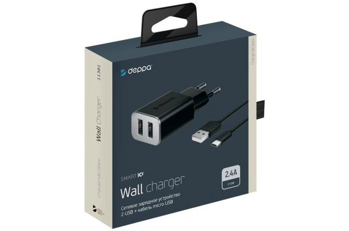 Сетевое зарядное устройство 2USB + кабель MicroUSB Deppa (11381) 2.4А (черный)