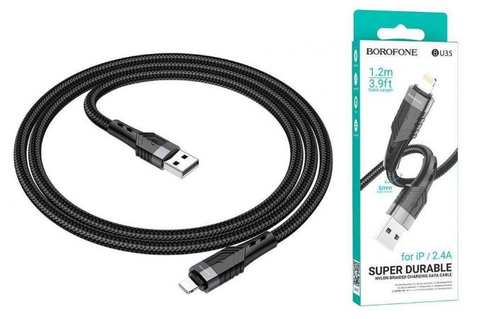 Кабель USB - Lightning BOROFONE BU35 (черный) 1,2м (с усиление сгиба)