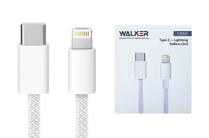 Кабель USB Type-C - Lightning WALKER C860, 30W, поддержка PD, нейлон, белый, 2м