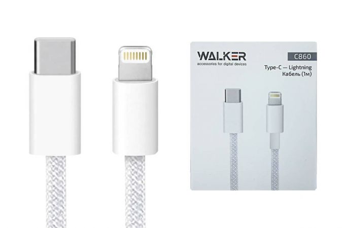 Кабель USB Type-C - Lightning WALKER C860, 30W, поддержка PD, нейлон, белый, 1 м