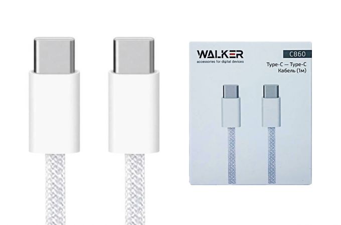Кабель USB Type-C - USB Type-C WALKER C860 65W, поддержка PD, нейлон, белый, 1 м