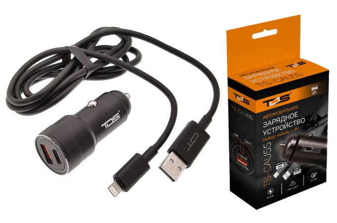 Автомобильное зарядное устройство АЗУ 2USB + кабель Lightning TDS TS-CAU55 Черный ЗУ авто USB 1.2м (PD20W+QC3.0, 3000mA)