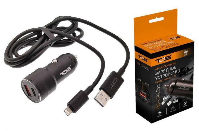 Автомобильное зарядное устройство АЗУ 2USB + кабель Lightning TDS TS-CAU55 Черный ЗУ авто USB 1.2м (PD20W+QC3.0, 3000mA)