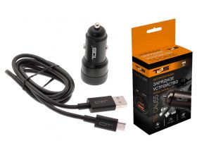 Автомобильное зарядное устройство АЗУ USB + кабель Type-C TDS TS-CAU55 1.2м (PD20W+QC3.0, 3000mA) (черный)