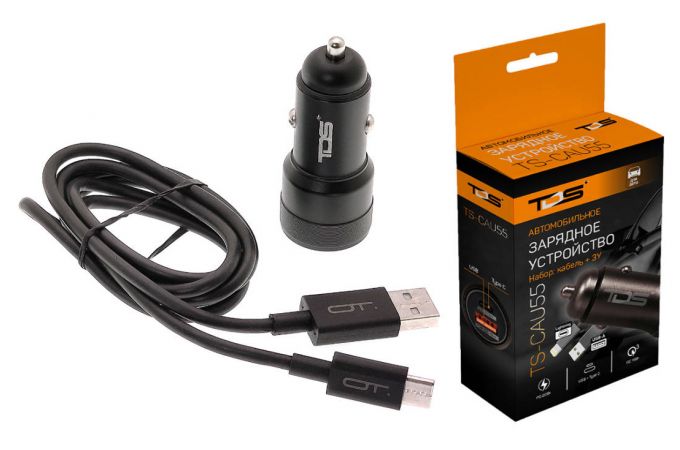 Автомобильное зарядное устройство АЗУ USB + кабель Type-C TDS TS-CAU55 1.2м (PD20W+QC3.0, 3000mA) (черный)