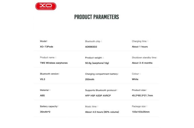Наушники вакуумные беспроводные XO T5Pods (simple version without in-ear detection and wireless charging) White
