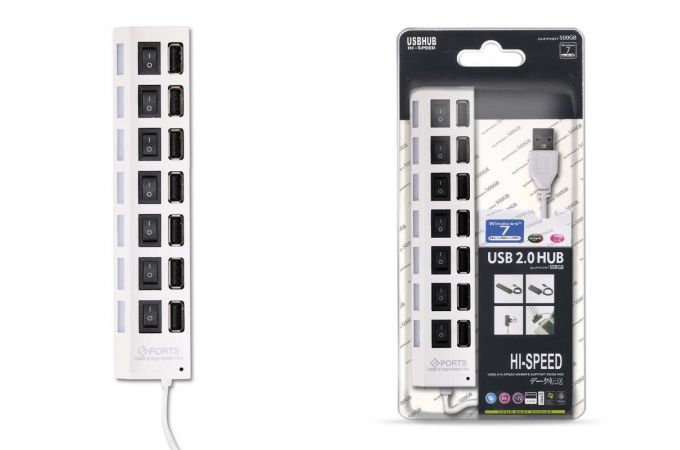 USB 2.0 хаб с выключателями, 7 портов, СуперЭконом, белый, SBHA-7207-W