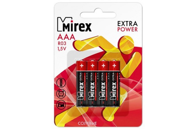 Батарейка солевая Mirex R03 / AAA 1,5V  цена за 4 шт (4/48/960), блистер (23702-ER03-E4)