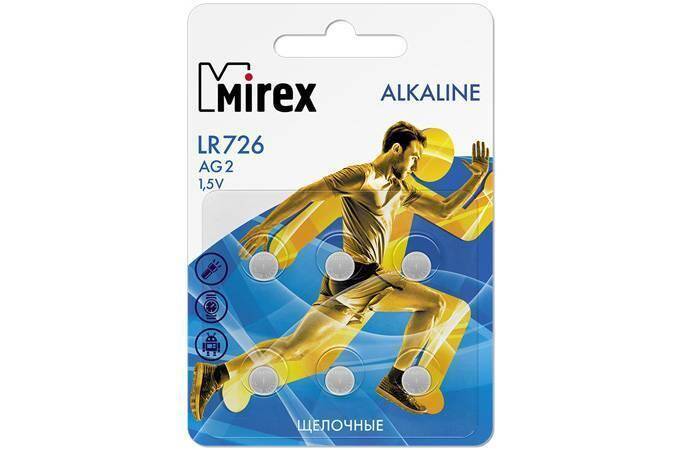 Батарейка часовая Mirex AG2 / LR726 1,5V цена за блистер 6 шт (23702-LR726-E6)