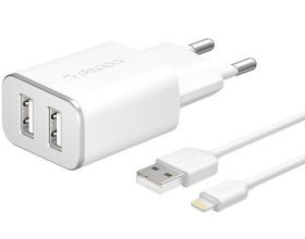 Сетевое зарядное устройство 2USB + кабель Lightning Deppa (11383) 2.4А MFI (белый)