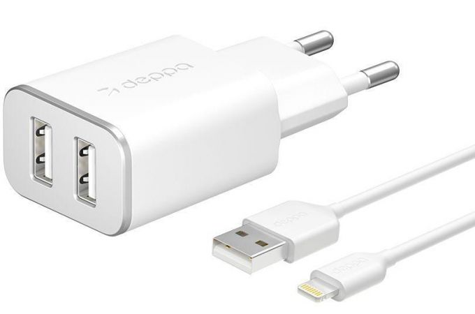 Сетевое зарядное устройство 2USB + кабель Lightning Deppa (11383) 2.4А MFI (белый)