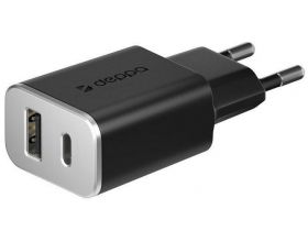 Сетевое зарядное устройство USB Deppa (11393) USB-C+USB A, QC 3.0, Power Delivery, 18Вт (черный)