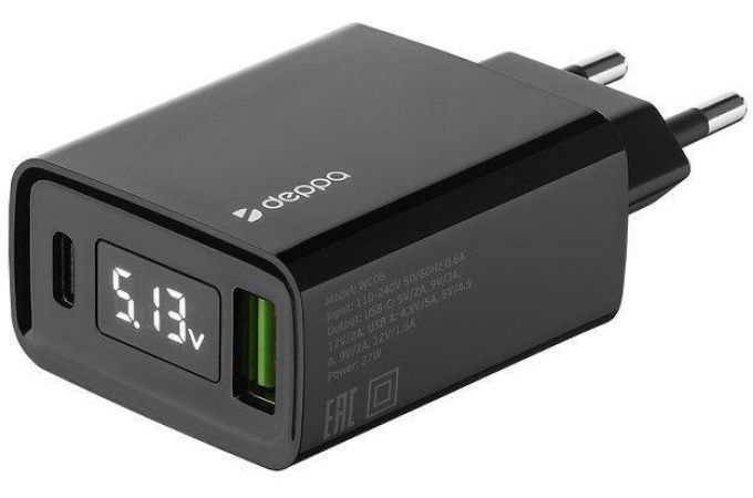 Сетевое зарядное устройство USB Deppa (11395) USB-C + USB A, QC 3.0, PD, дисплей (черный)