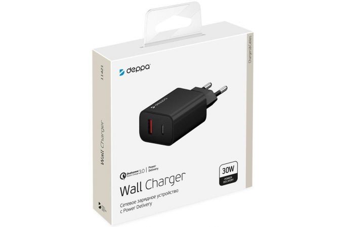 Сетевое зарядное устройство USB Deppa (11421) USB-C + USB A, PD 3.0, QC 3.0, 30W (черный)