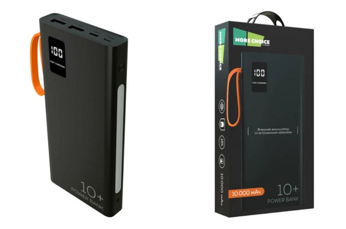 Универсальный дополнительный аккумулятор More Choice PURE Внешний аккумулятор 10000mAh 2USB 2.1A More choice PB22-10 с кабелем (Black)