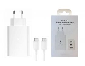 Сетевое зарядное устройство USB-C Samsung PD Adapter 65W 2xUSB-C + USB-A + кабель Type-C-Type-C (белый) (Л)